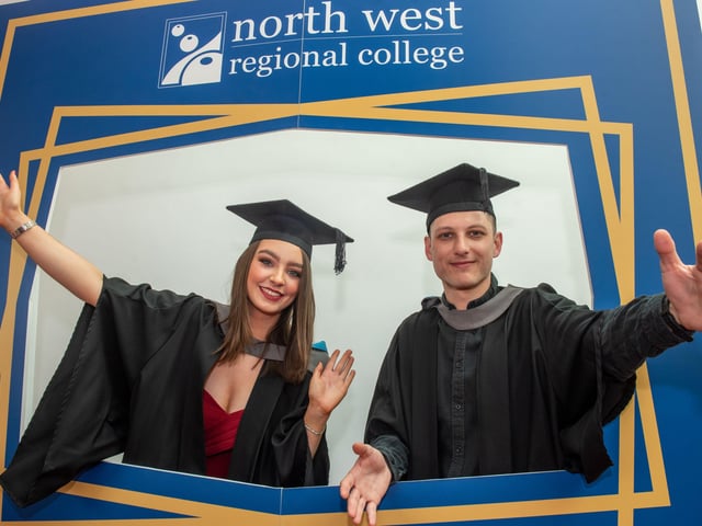 Classmates Aine McGlinchey and Conor McClean who graduated with an NCTJ Diploma in Journalism at North West Regional Collegeâ€TMs Graduation Ceremony.