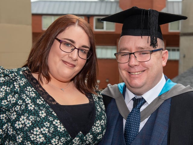 Ryan Doherty who graduated with an Access Diploma in Combined Studies pictured with wife Bernadette at North West Regional Collegeâ€TMs graduation ceremony.