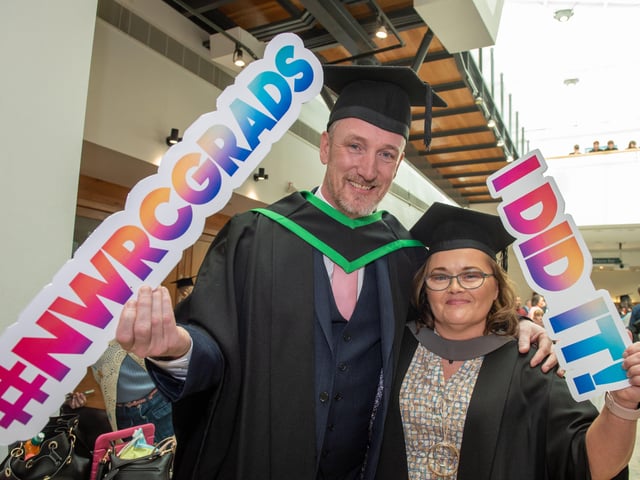 Amanda Oâ€TMNeill who graduated with a CPCAB Level 4 Diploma Therapeutic Counselling and Ryan Walker who graduated with a Foundation Degree in Counselling pictured at North West Regional Collegeâ€TMs graduation ceremony.
