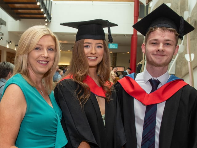 Brenda Barr pictured with her daughter Caoimhe and Leon Gale who graduated with a Pearson BTEC Higher National Diploma in Media Production (Film).