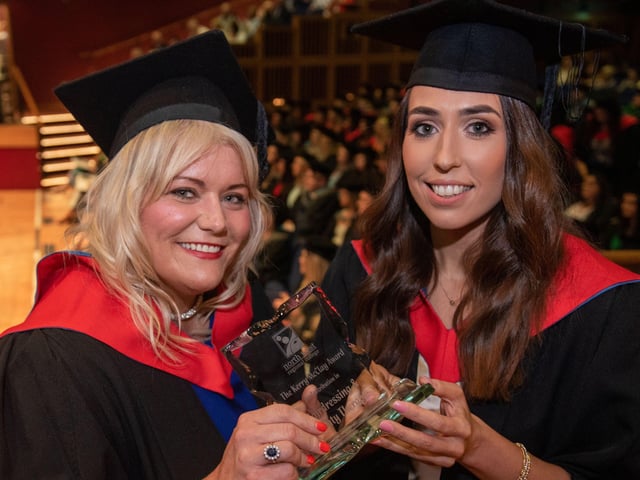 Paula Doherty and Eimear McNamee received The Kerry McClay Award For Outstanding Academic Achievement in Higher National Diploma in Hair and Beauty Management (Joint) at North West Regional Collegeâ€TMs Graduation Ceremony.