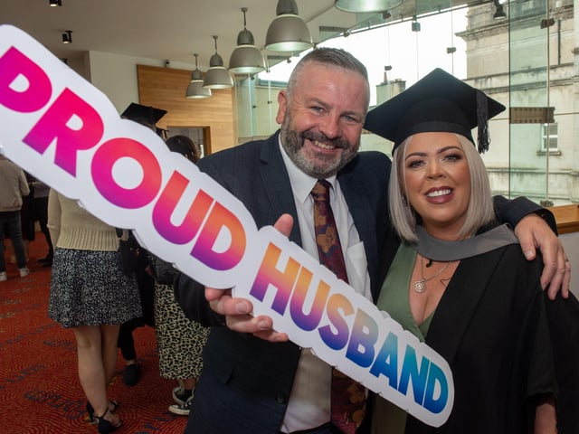 Tracey McBride who graduated with an Access Diploma in Combined Studies at North West Regional Collegeâ€TMs Graduation Ceremony pictured with her husband Brian.