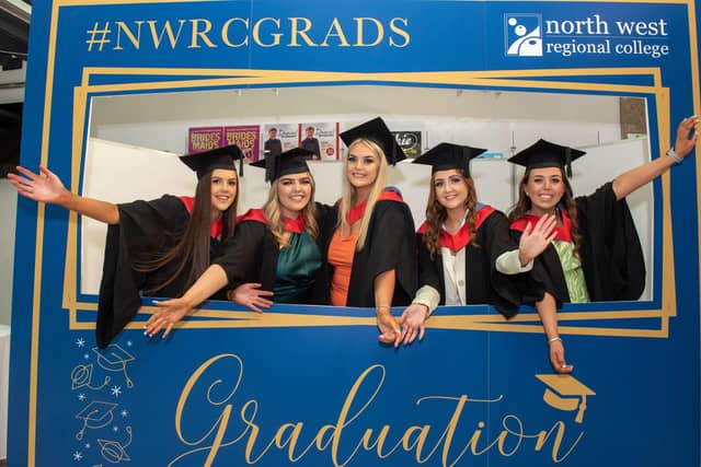 Cara Biggs, Shantelle Kealey, Niamh Oâ€TMKane, Aisha Proctor and Laura Bradley celebrate their graduation from NWRC with a BTEC Level 5 HND Early Childhood Education And Care.