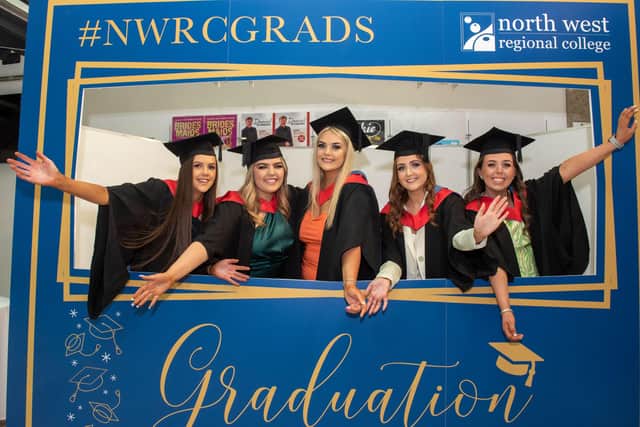 Cara Biggs, Shantelle Kealey, Niamh Oâ€TMKane, Aisha Proctor and Laura Bradley  celebrate their graduation from NWRC with a BTEC Level 5 HND Early Childhood Education And Care.