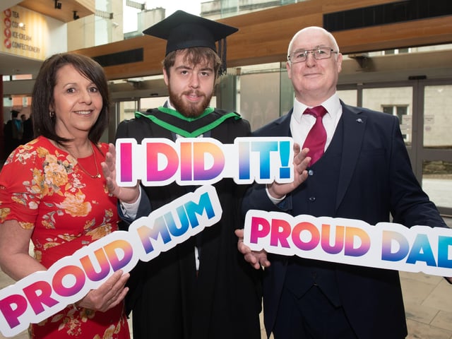 Ryan Logue pictured with mum and dad Celine and Brian when he graduated with a Foundation Degree in Information Technologies at North West Regional Collegeâ€TMs Graduation Ceremony.