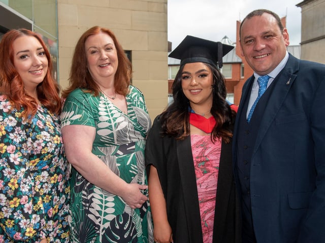 Niamh Morrison who graduated from NWRC with a BTEC HNC in Performing Arts pictured with mum and dad Martina and Christopher and sister Aine.