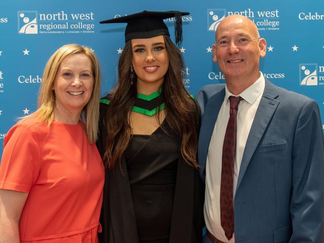 Laura Mclaughlin pictured with mum and dad Geraldine and Brian after she graduated from NWRC with a Foundation Degree in Health and Social Care.