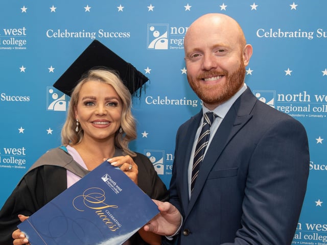 Graduate Charmaine Roddy pictured with Barra Best at NWRC's graduation ceremony in the Millennium Forum.