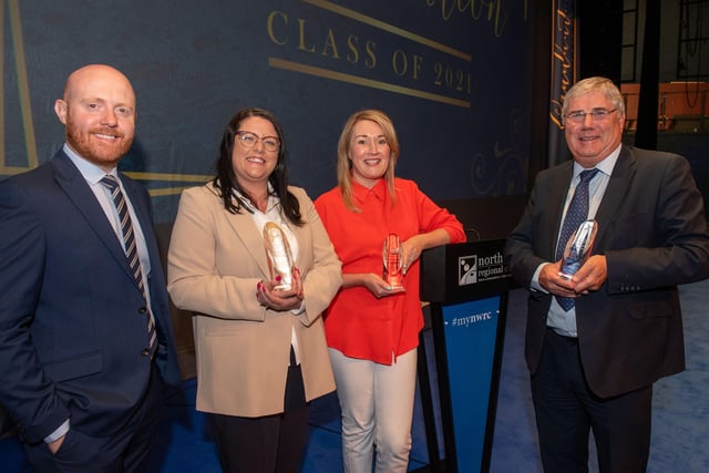 Barra Best, pictured with Honorary award winners Leeann Monk- (div)zgül and Jennifer Neff of Elemental Software, and George Fleming of Fleming Agri Products Ltd, at NWRC's Graduation ceremony.