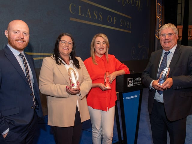 Barra Best, pictured with Honorary award winners Leeann Monk- (div)zgül and Jennifer Neff of Elemental Software, and George Fleming of Fleming Agri Products Ltd, at NWRC's Graduation ceremony.