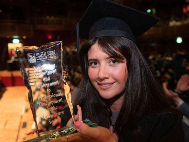 Jade Lyttle received the Award for Outstanding Commitment and Achievement to Professional Development in the Early Years Sector at North West Regional Collegeâ€TMs Graduation Ceremony.
