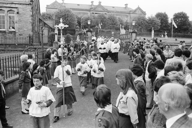 The scene outside St. Columba’s, Long Tower, on the Feast of St. Columba in June 1982.