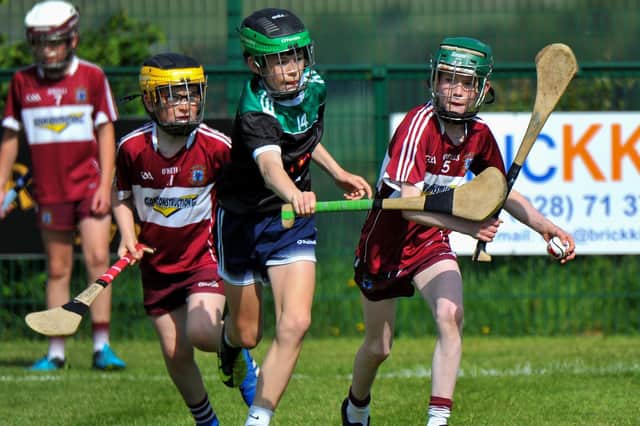 Setanta and Ballinascreen battle for possession during the Seán Mellon Hurling Festival at Páirc Na Magha on Saturday morning last. Photo: George Sweeney. DER2223GS – 140