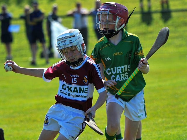 Banagher in action against Cuchullains during the Seán Mellon Hurling Festival at Páirc Na Magha on Saturday morning last. Photo: George Sweeney. DER2223GS – 137