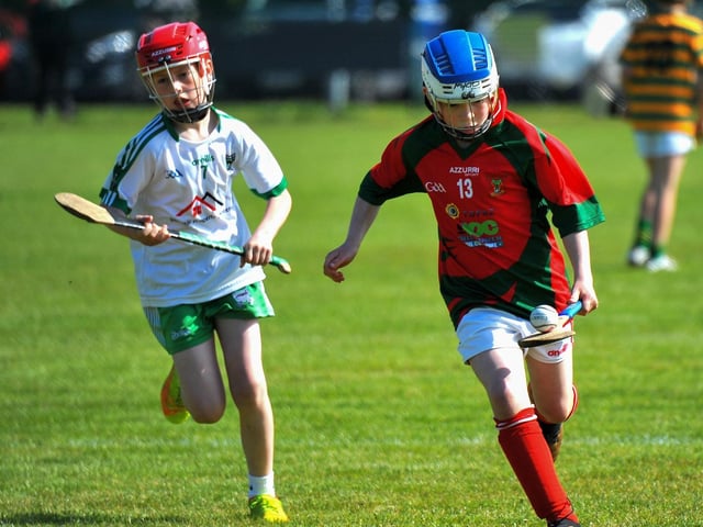 Action from Carndonagh against Sean MacCumhail, Ballybofey during the Seán Mellon Hurling Festival at Páirc Na Magha. Photo: George Sweeney. DER2223GS – 139