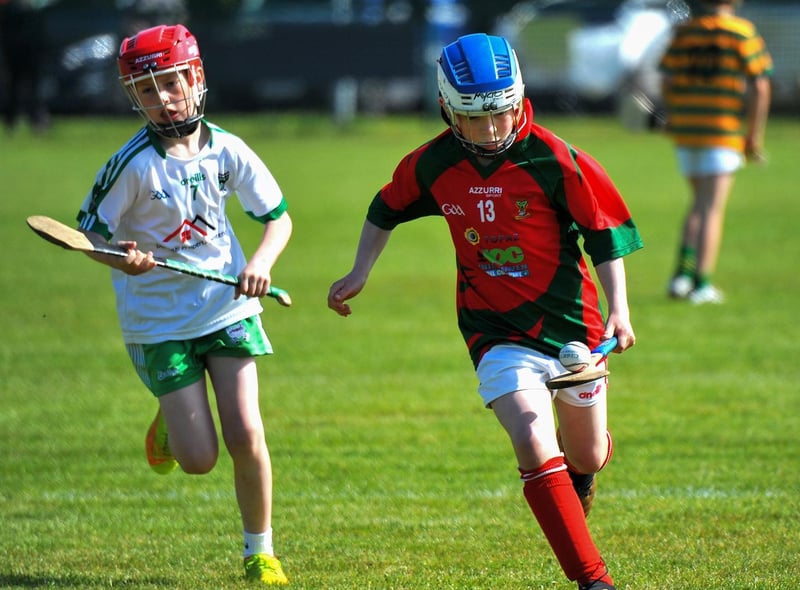 Action from Carndonagh against Sean MacCumhail, Ballybofey during the Seán Mellon Hurling Festival at Páirc Na Magha. Photo: George Sweeney. DER2223GS – 139