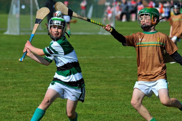 Action from Na Magha against Na Rockies during the Seán Mellon Hurling Festival at Páirc Na Magha on Saturday. Photo: George Sweeney.  DER2223GS – 136
