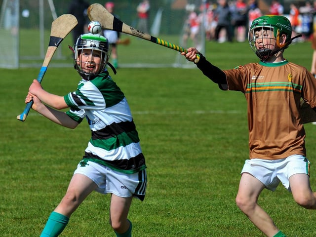 Action from Na Magha against Na Rockies during the Seán Mellon Hurling Festival at Páirc Na Magha on Saturday. Photo: George Sweeney.  DER2223GS – 136