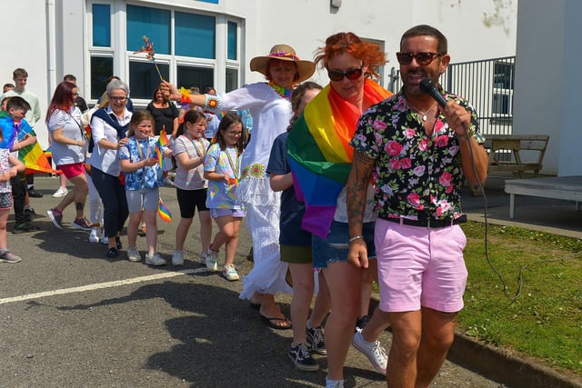 Derry’s Mickey Doherty entertained participants prior to the Inishowen Pride Parade held in Buncrana on Sunday afternoon last. Photograph: George Sweeney. DER2224GS – 014