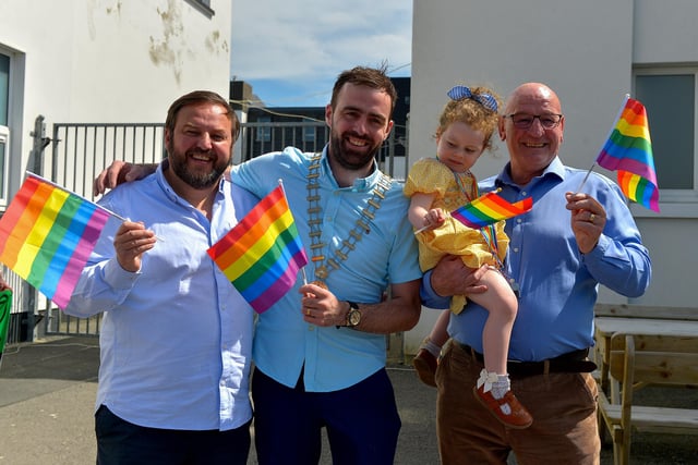 Pádraig Mac Lochlainn, T.D., Colr. Jack Murray, Cathaoirleach Donegal County Council, Bláithín Murray and Colr. Terrance Crossan took part in the Inishowen Pride Parade held in Buncrana on Sunday afternoon last. Photograph: George Sweeney. DER2224GS – 016