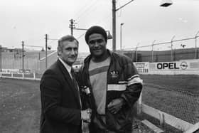 The late Derry City captain Dougie Wood pictured with Benfica and Portugal legend and icon, Eusébio when Benfica arrived at Brandywell in 1989.