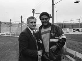 The late Derry City captain Dougie Wood pictured with Benfica and Portugal legend and icon, Eusébio when Benfica arrived at Brandywell in 1989.