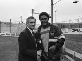 The late Derry City captain Dougie Wood pictured with Benfica and Portugal legend and icon, Eusébio when Benfica arrived at Brandywell in 1989.