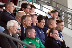 Derry City boss Ruaidhri Higgins (back row) pictured beside former Dundalk keeper Gary Rogers and behind Ireland senior manager Stephen Kenny at last night's Ireland U21 qualifier win against Montenegro at Tallaght.