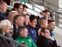 Derry City boss Ruaidhri Higgins (back row) pictured beside former Dundalk keeper Gary Rogers and behind Ireland senior manager Stephen Kenny at last night's Ireland U21 qualifier win against Montenegro at Tallaght.