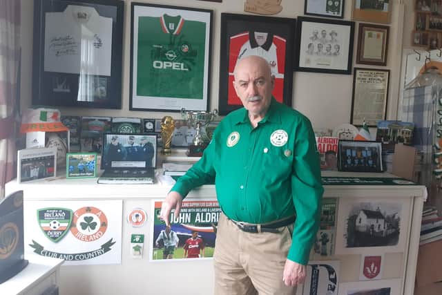 Jim Barr pictured with Ireland memorabilia at his home.