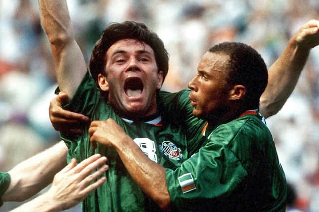 Ray Houghton and Terry Phelan after the former scored against Italy at USA 1994.