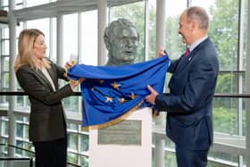 Euro Parliament president Roberta Metsola and Taoiseach Micheal Martin unveil the sculpture of John Hume in Strasbourg. DAINA LE LARDIC/EUROPEAN UNION
