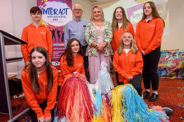 Derry City and Strabane District Council Mayor Councillor Sandra Duffy pictured at the launch of the INTERACT Youth Arts Festival 2022 in the Millennium Forum. Joining the first citizen are,  Ronan Tester, Kara Nash, Brianna  McDaid, Abbie Green, Emma Murray, Aoibhain Barr from the festival committee with Conal Casey, Millennium Forum Board Member. This years festival  Wednesday the 13th of July until Thursday the 21st of July. Picture Martin McKeown. 07.06.22