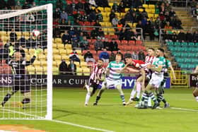 Danny Lafferty puts Derry City ahead with an early header in the club's 2-1 defeat to Shamrock Rovers in Tallaght last October.