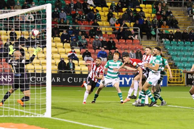 Danny Lafferty puts Derry City ahead with an early header in the club's 2-1 defeat to Shamrock Rovers in Tallaght last October.