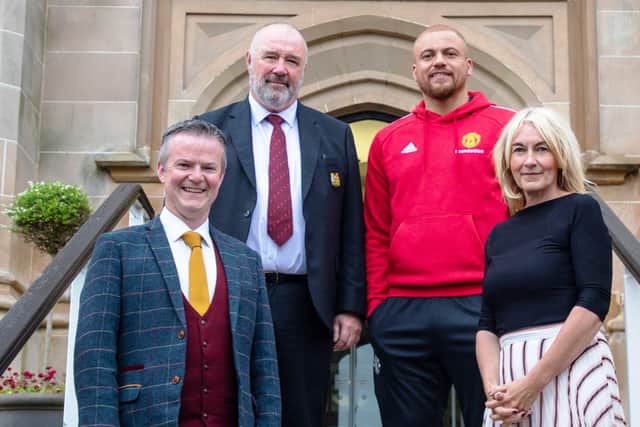 Pictured at the Manchester United Foundation partnership event with Ulster University at the Magee Campus are, from left, Professor Malachy " Néill, Ulster University Director of Regional Engagement, John Shiels, CEO of the Manchester United Foundation, Wes Brown, Manchester United Club Ambassador and Lorraine Lavery-Bowen, Ulster University School Partnerships Manager.
