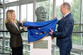 Euro Parliament president Roberta Metsola and Taoiseach Micheál Martin unveil the sculpture of John Hume in Strasbourg. DAINA LE LARDIC/EUROPEAN UNION