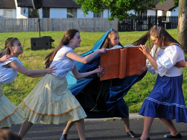 The battle of Cúl Dreimhne ( the Battle of the Book) dance performance at the Colmcille ‘An Turas – The Journey’ celebratory pageant in The Wells, in the Bogside, on Thursday evening last. Photograph: George Sweeney. DER2224GS – 043