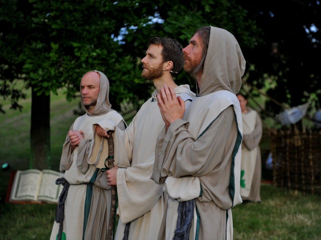 Performers re-enact the life and legacy of Saint Colmcille during ‘An Turas – The Journey’ celebratory pageant held at the The Wells, in the Bogside, on Thursday evening last. Photograph: George Sweeney. DER2224GS – 040
