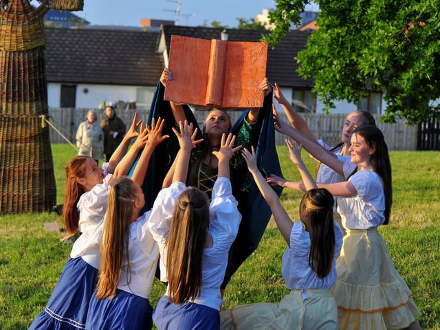 The battle of Cúl Dreimhne ( the Battle of the Book) dance performance at the Colmcille ‘An Turas – The Journey’ celebratory pageant in The Wells, in the Bogside, on Thursday evening last. Photograph: George Sweeney. DER2224GS – 045