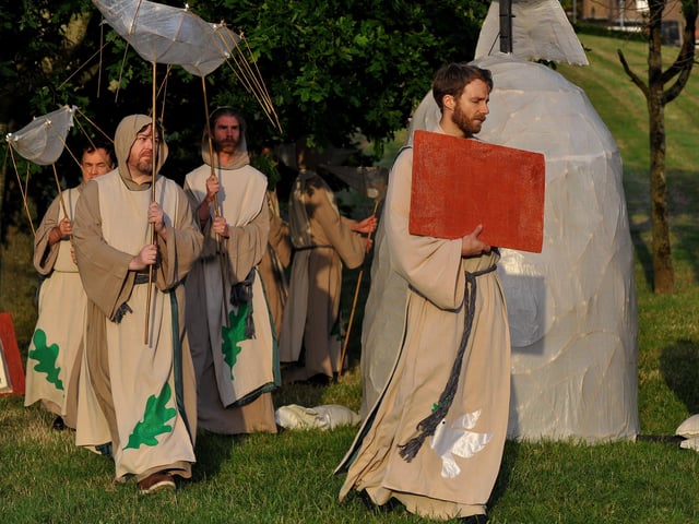 Performers re-enact aspects of Saint Colmcille’s life during the ‘An Turas – The Journey’ celebratory pageant in The Wells, in the Bogside, on Thursday evening last. Photograph: George Sweeney. DER2224GS – 047