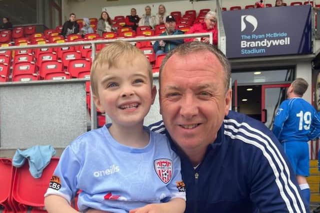 Young Finn Harnett stole the show with his pitch invasion during the charity fundraising match between Derry City Legends and Ardnashee School and College at Brandywell.