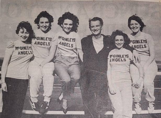 'McGinleys Angels' who first agreed to run teh Female Five to raise money for the Hospice. They were the first to make donations to the fund, which was at £70,000 at the time this picture was printed in June 1984. Pictured left to right: Pauline McCourt, Anne Marie McLaughlin, Sharon O'Donnell, Dr Tom McGinley, Jean Begley and Annette Given.