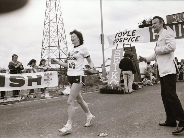 Majella O’Connor crossing the finishing line.