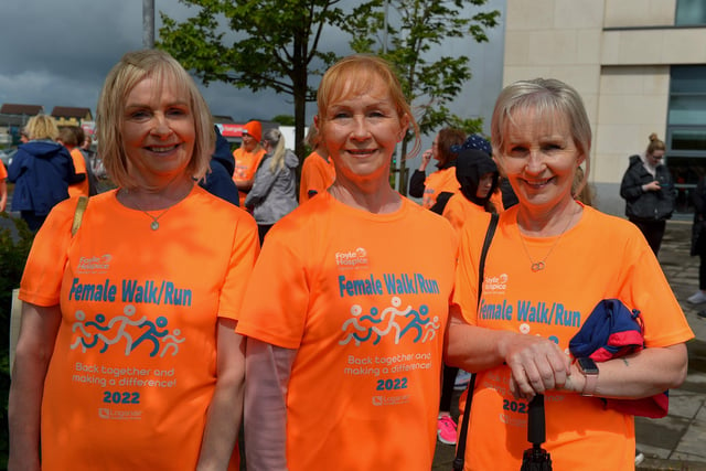 Sisters Frances Bryson, Marian Sweeney and Paula McCallion took part in the Foyle Hospice Female Walk / Run  on Sunday morning last. Photograph: George Sweeney. DER2225GS – 010