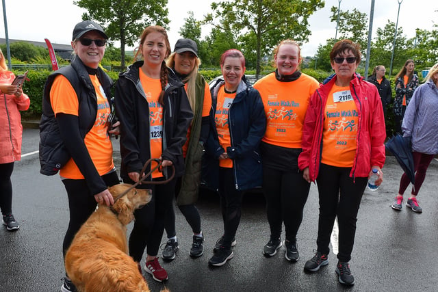 Members of AD Fitness Skeoge with mascot Daisy the dog took part in the Foyle Hospice Female Walk / Run on Sunday morning last. Photograph: George Sweeney. DER2225GS – 002