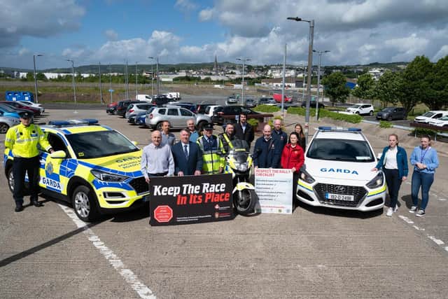 Members of An Garda Siochána and Donegal Road Safety Working Group along with Cllr. Gerry McMonagle, Chairperson of Joint Policing Committee, Inspector Seamus McGonigle, Roads Policing and Brian O’Donnell, Road Safety Officer at the launch of the road safety campaign for the upcoming Donegal Rally – Keep the Race in it’s Place.