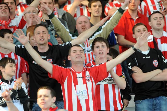 Derry City fans make their voices heard when they last met Crusaders in a competitive match in the Setanta Cup Final at the Oval in 2012.