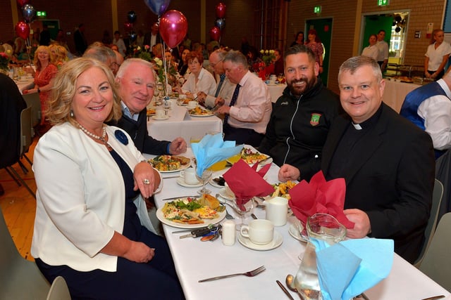 Geraldine O’Connor, principal, Danny Cassidy, Brian O’Donnell, Sean Dolans GAC, and Fr Danial McFaul CC, St Mary’s Creggan pictured  at the St John’s Primary School 50th anniversary celebrations held on Friday afternoon last. Photograph: George Sweeney. DER2224GS – 056