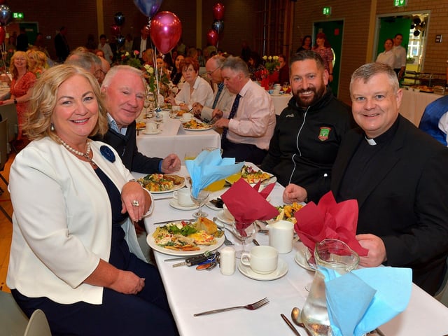 Geraldine O’Connor, principal, Danny Cassidy, Brian O’Donnell, Sean Dolans GAC, and Fr Danial McFaul CC, St Mary’s Creggan pictured at the St John’s Primary School 50th anniversary celebrations held on Friday afternoon last. Photograph: George Sweeney. DER2224GS – 056